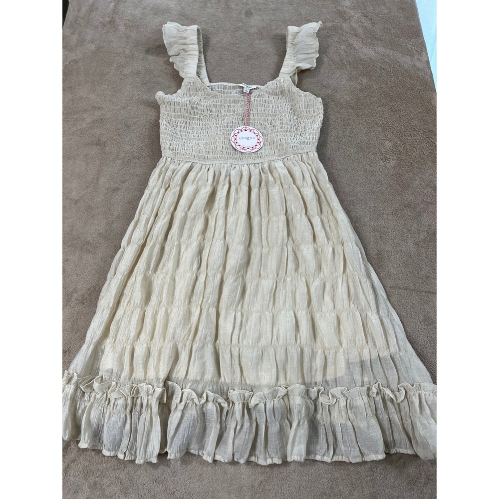 Umgee Ruffled Wrinkled Smocked Mini Dress Women Size Large Cream Boho NEW